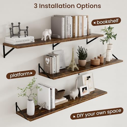 Axeman 12 Inch Deep Floating Shelves for Wall - 55 Inch Wide x 12 Inch Deep Wall Shelves Set of 2 - Rustic Wood Floating Shelves for Living Room