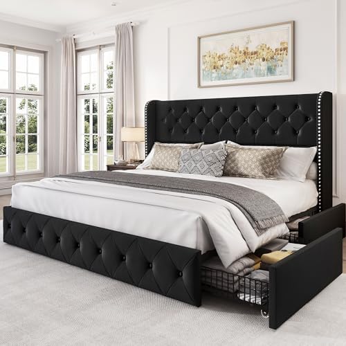 LARMACE King Size Bed Frame with 4 Storage Drawers and 47.2" Tall Tufted Headboard Velvet Upholstered Platform Bed Frame Wingback Beds with Wooden Slats Support, Easy Assembly, Black