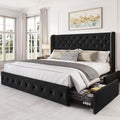 LARMACE King Size Bed Frame with 4 Storage Drawers and 47.2" Tall Tufted Headboard Velvet Upholstered Platform Bed Frame Wingback Beds with Wooden Slats Support, Easy Assembly, Black