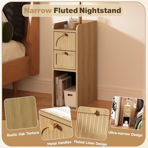 7.87" Narrow Nightstand Set of 2, Fluted Slim Bedside Table with 2 Drawers, Mid Century Modern Small End Table with Gold Metal Handles, for Bedroom, Living Room & Small Spaces - Natural