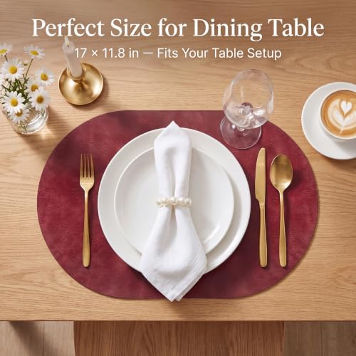 Oval Placemats Set of 6, Wipeable Faux Leather, Wine Red