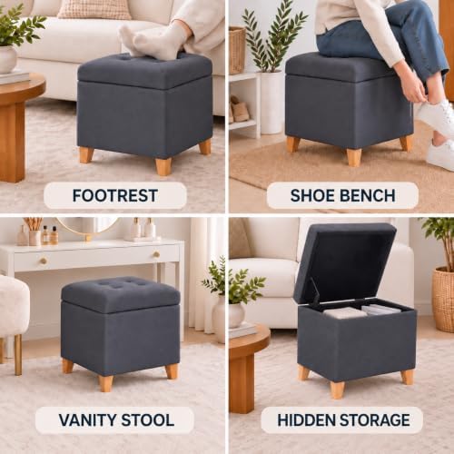 Adeco Storage Ottoman Bench with Hidden Storage, Dark Grey Cotton Linen Upholstered Tufted Footstool with Solid Wood Legs and Hinged Lid, 17.7" Square Cube for Living Room, Bedroom, Entryway