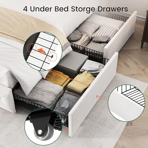 LARMACE Full Size Bed Frame with 4 Storage Drawers and 47.2" Tall Wingback Headboard Velvet Upholstered Platform Bed Frame Tufted Beds with Wooden Slats Support, Easy Assembly, White