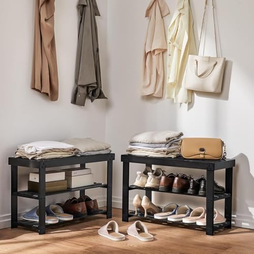Pipishell 3 Tier Bamboo Shoe Rack Bench for Entryway, Black