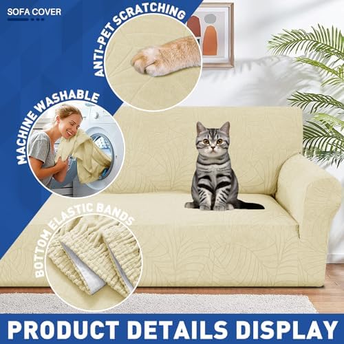 YEMYHOM Couch Cover Latest Jacquard Design High Stretch Sofa Covers for 2 Cushion Couch, Pet Dog Cat Proof Loveseat Slipcover Non Slip Elastic Furniture Protector (Medium, Begonia Leaf Beige)