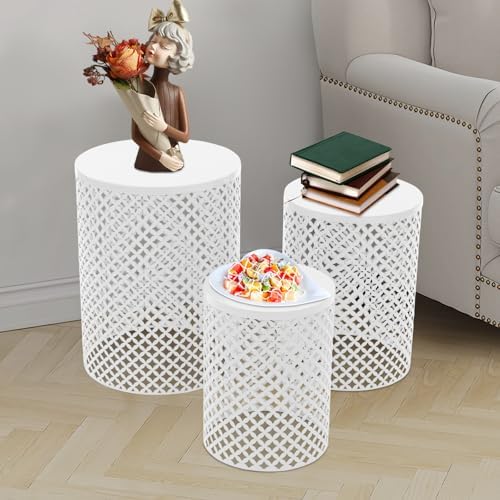 Metal Frame Accent Table,Cylindrical Outdoor Side Table,Decorative Garden Stool,Set of 3 Nesting Side Table,Modern Decorative Garden Stool for Patio Balconies Cafes Parks (3, White)