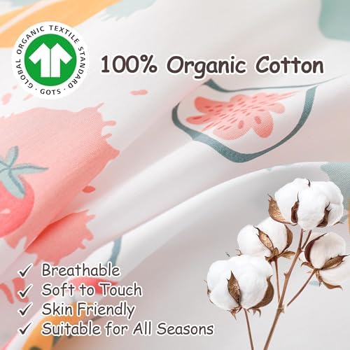 Simple&Opulence 100% Organic Cotton Duvet Cover for Kids Teens, 4 Piece Soft Cartoon Comforter Cover with Zipper Closure, Kawaii Girls Bedding Set - Colorful Fruits, Full/Queen