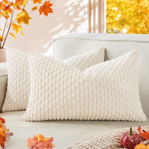Kevin Textile Soft Corduroy 12"x20" Lumbar Pillow Covers 2 Pack, Cream