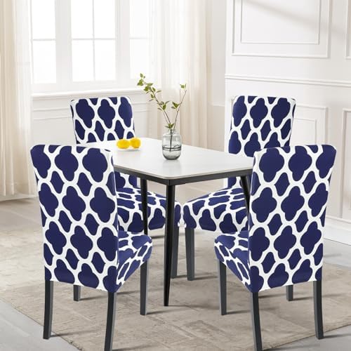 SearchI Dining Room Chair Covers Set of 4, Spandex Stretch Kitchen Chair Slipcovers Removable Washable Moroccan Geometric Parsons Chair Covers Protector for Dining Room, Hotel (Navy Blue)