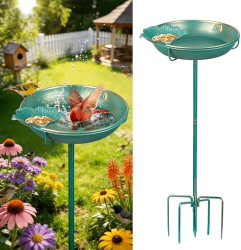 Mellbree Bird Bath for Outside 10", Metal Freestanding 10" Dia 39" H Lake Blue Gold Gilding Birdbath, Multi-Functional for Garden Patio Yard Lawn Outdoor Decor