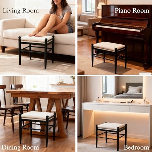 Ottoman Footrest, 19 Inch Upholstered Vanity Bench Seat, Backless Makeup Stool with Solid Wood Legs for Dining Room/Bedroom/Living Room/Entryway,Black Frame/White Linen