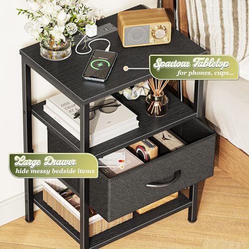 SUPERJARE Nightstand with Charging Station, Bed Side Table with Adjustable Fabric Drawer, Night Stand for Bedroom, 3-Tier Storage End Table, for Living Room, Black