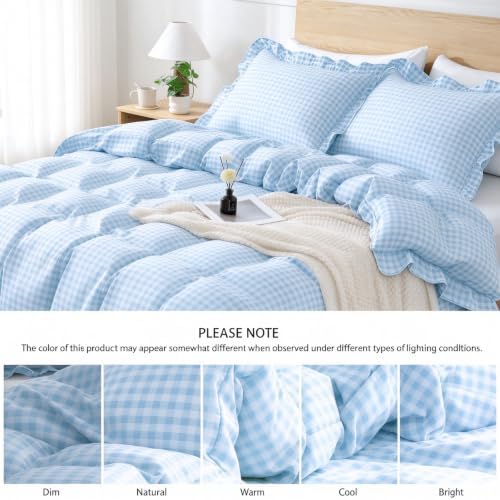 Gingham Duvet Cover King Size, 3 Pieces Soft Breathable Microfiber Plaid Duvet Cover with Zipper Closure & 2 Pillow Shams, Ruffle Farmhouse Vintage Decor, Light Blue
