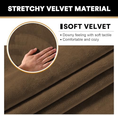 PrinceDeco Velvet Couch Covers for Sofa Soft 4 Pieces Couch Covers for 3 Cushion Couch Sofa Pet Friendly Furniture Protector with Non Slip Elastic Bottom Width Up to 97 Inch(Large Sofas,Bronze Brown)