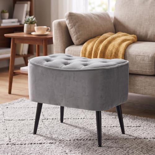 BIRDROCK HOME Tufted Curve Ottoman Velvet Foot Stool - Modern Upholstered Padded Footrest for Living Room or Bedroom - Small Cushioned Accent Chair for Couch, Sofa, or Large Seating (Grey)