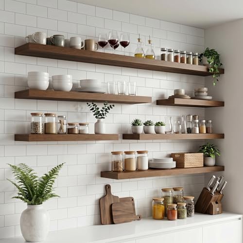 55 Inch Floating Shelves for Wall, 8"D Wood Storage Shelves, Walnut Finish