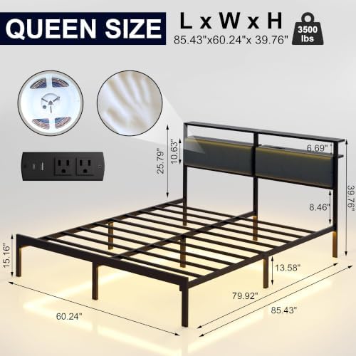J.Fkne Queen Bed Frame with LED Lights & Charging Station, Metal Platform Bed Frame with 2 Tier Storage Headboard, Under Bed Storage, No Box Spring Needed, Noise Free, Easy Assembly
