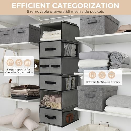 GRANNY SAYS Hanging Closet Organizer with 5 Drawers & 6 Shelves, Gray
