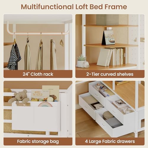 Twin Size Gaming Loft Bed with Desk, 4 Fabric Drawers, RGB LED Lights & Under-Bed Play Zone with Soft Padded 2-Step Ladder, Space-Saving Bed for Kids, Teens (White, L-Shape Desk)