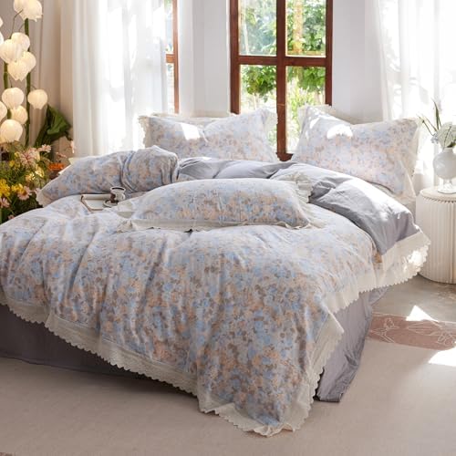 LifeTB Vintage Floral Duvet Cover Set King, 3 Pieces Romantic Ruffle Lace Bedding Set, Soft Cotton Muslin Duvet Cover with 2 Pillowcases, Botanical Flower Breathable Gauze Comforter Cover King