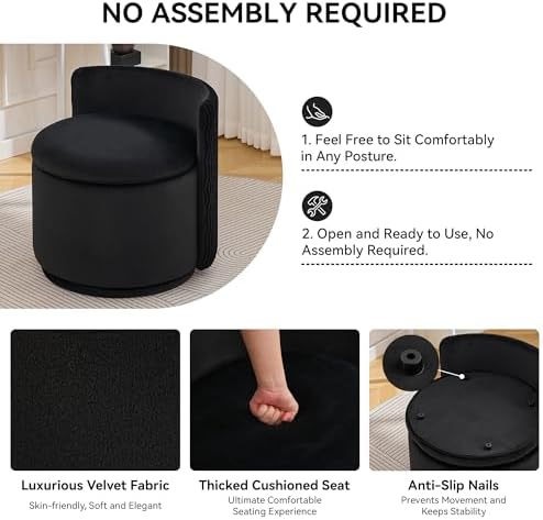 WUTUTUEE Large Velvet Vanity Chair with Storage, 360° Swivel Makeup Chair with Wave Back, No Assembly Small Accent Stool for Bedroom, Dressing, Living Room, Black