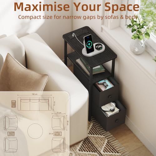 Somdot Narrow End Table Set of 2, Charging Station, Side Table, 2 Drawers