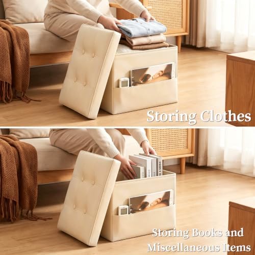 Storage Ottoman, Small Folding Leather Foot Rest Stool for Dorm, Beige