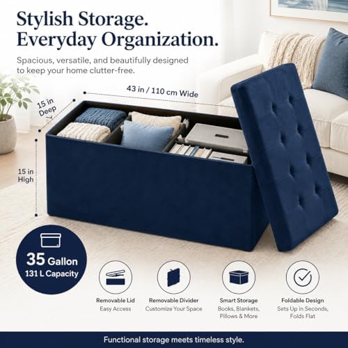 ALASDO 43 Inch Folding Storage Ottoman Bench with Hidden Storage, Velvet Storage Ottoman Foot Rest Stool, End of Bed Bench for Bedroom, Living Room, Entryway and Closet, Navy Blue