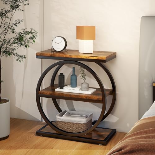 IBUYKE Narrow End Table with 3 Storage Shelves,Rustic Brown UTMJ418H