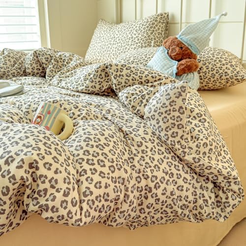 Leopard Duvet Cover Set Twin,Muslin Cotton,Cream Grey