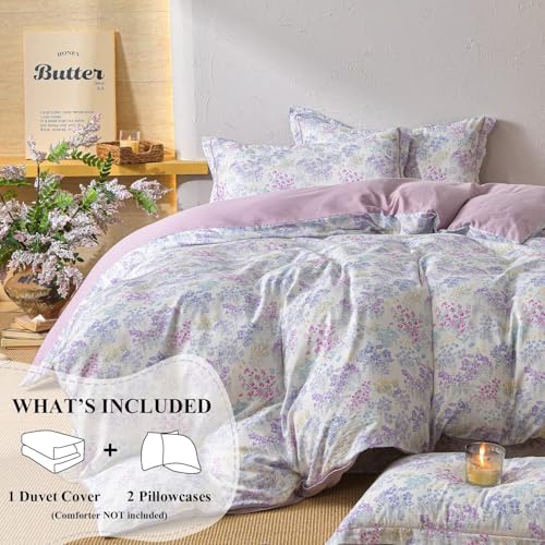 Gauze Full Size Duvet Cover Set 3 Pcs 100 Cotton,1 Full Duvet Cover with 2 Pillowcases,Purple Floral Double Layer Muslin Bedding Set,Soft Comfy Breathable Quilt Covers for Women 80"×90"