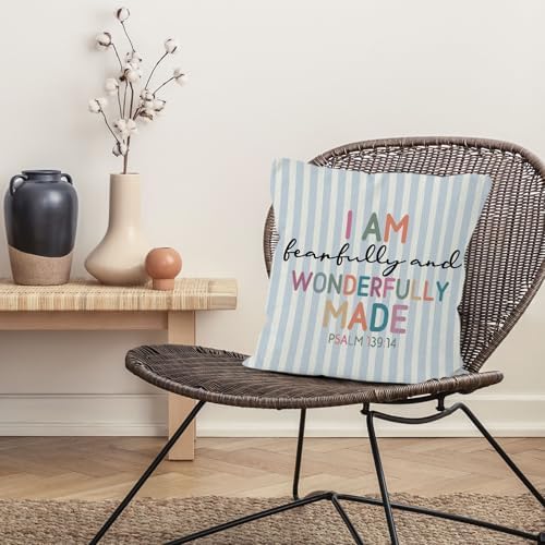 Boho Nursery Christian Throw Pillow Cover 18x18, Religious Bible Verse Inspirational Decorative Pillow Covers for Kids Boys Room Bedroom Playroom, Blue Striped Accent Pillows Cover Pillowcases
