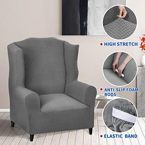 MAXIJIN Wingback Chair Covers 1-Piece Stretch Wing Chair Covers Soft Thick Wingback Armchair Slipcover Non-Slip High Back Chair Furniture Protector Washable (Wing Chair, Light Gray)