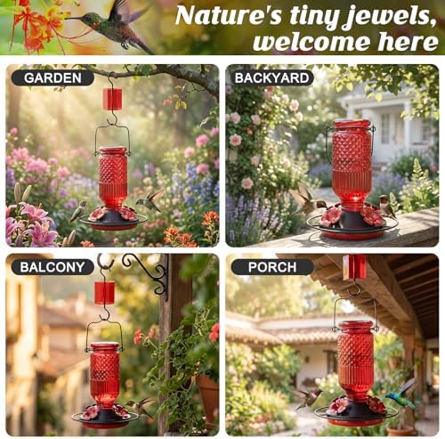 FEED GARDEN Glass Hummingbird Feeder for Outdoors Hanging, 16 OZ Humming Birds Feeders with 4 Bee Guard Feeding Ports & Built-in Ant Moat, Bird Feeder for Outside, Gifts for Women Mom, Red