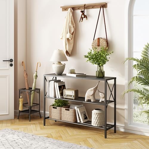 Hoctieon Industrial Console Table, 3 Tier Entryway Table, Hallway Table, Narrow Sofa Table with Shelves, Entrance Table for Entryway, Living Room, Foyer, Office, Black