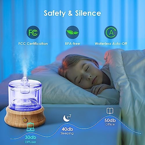 Lecdura Glass Essential Oil Diffuser, 80ML Small Glass Reservoir Natural Wood Base Ultrasonic Cool Mist Aroma Diffusers with USB-Cord Auto-Off 7 Color Light for Home Office Bedroom