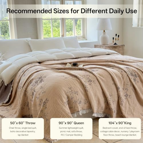 FALUCA Muslin Cotton Throw Blanket Boho Floral Jacquard with Fringe, 90 * 90 Wild Rose Pattern, Reversible Soft Breathable Cover for Couch Sofa Bedroom Vintage Farmhouse Home Decorative, Clay&Brown