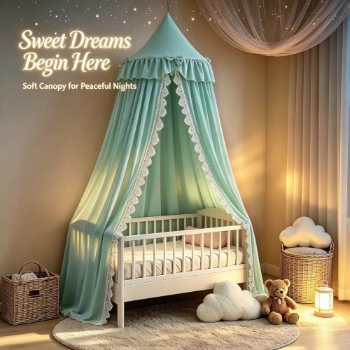 Kertnic Lace & Bow Decor Princess Canopy for Girls Bed, Soft Ruffled Playing Tent Canopy Room Decoration Castle, Reading Nook Canopies in Home (Green)