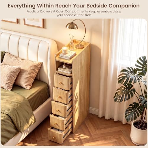 FurSch 37”H Tall 7.87”W Narrow Nightstand with 5 Drawers for lofted Dorm