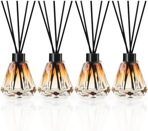 Reed Diffuser Set - 4 Empty Bottles with 20 Sticks, Delicate Gold Leaf Decor, Glass Fragrance Diffuser with Lids for Home, Bathroom | Refillable, Diamond Style (4 PCS Black)