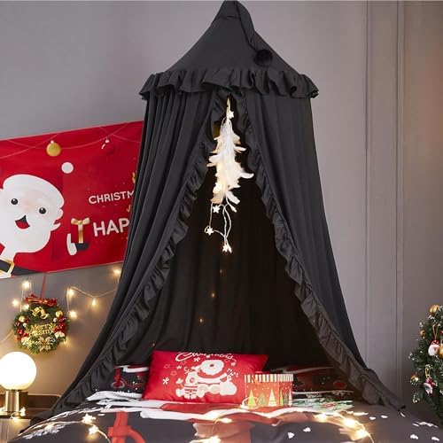 VETHIN Bed Canopy for Girls,Princess Round Dome Dreamy Mosquito Net Bedding Girls Room Castle Play Tent Hanging House Decor Reading Nook Canopies (Black)