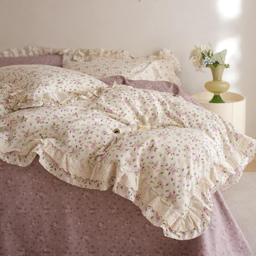 Pink Floral Twin Duvet Cover Cotton Boho Twin Comforter Cover Lace Trim Ruffle Soft Pattern Duvet Cover Set with 2 Pillow Cases Chic Zipper Bedding Set Princess Duvet Protector