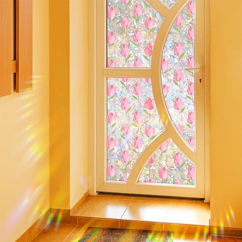 Window Film,Rainbow Window Privacy Film,17.5" x 78.7"Tulip Vine Double Sided Static Glass Window Clings Stickers for Home Office Living Room Bathroom Glass Windows Door Decor