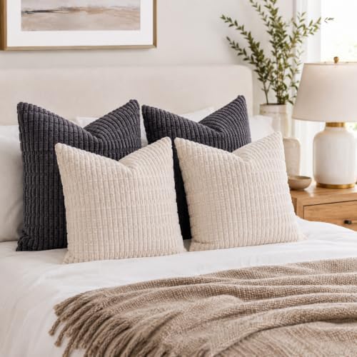 Pack of 2 Corduroy Decorative Throw Pillow Covers 22x22 Inch, Cream White