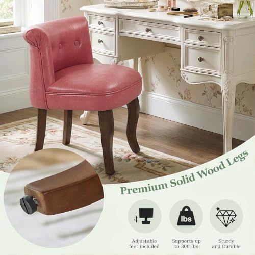 Faux Leather Pink Vanity Chair with Back, Upholstered Makeup Accent Chair