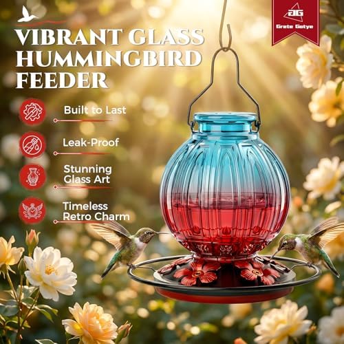 Glass Hummingbird Feeder for Outdoors Hanging, 26 fl oz Bird Nectar Feeder