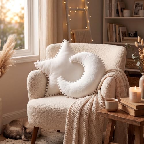 Jetec 2 Pieces Moon Shaped Pillow Star Pillow Creative Star Moon, White
