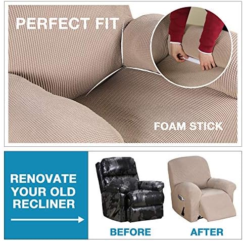 Flamingo P Stretch Recliner Chair Cover Recliner Cover for Electric/Manual Style | Furniture Cover for Reclining with Side Pocket, Soft Checked Jacquard Fabric Form Fitted Standard/Oversized - Sand