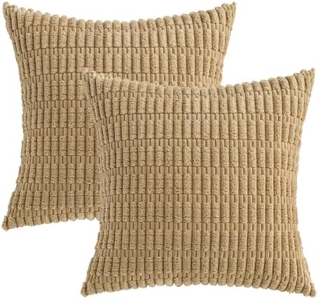 MIULEE Pack of 2 Corduroy Decorative Throw Pillow Covers 24x24 Inch Soft Boho Striped Pillow Covers Modern Farmhouse Home Decor for Sofa Living Room Couch Bed Khaki