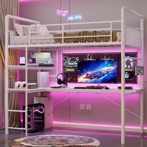 GarveeHome Loft Bunk Bed with L-Shaped Desk, Industrial Twin Loft Bed,White